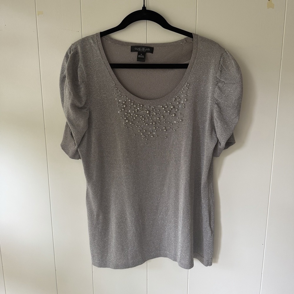 August Silk XL Metallic Shimmer Silk Blend Puff Sleeve Embellished Sweater Top